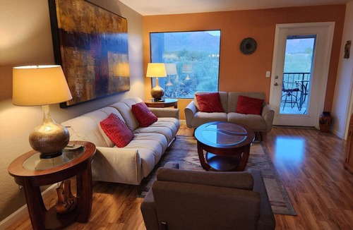 Tucson Condo | Private patio has spectacular golf -mountain views and many interior upgrades