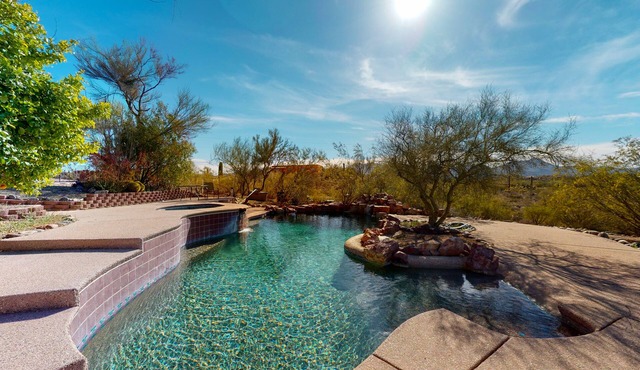 Secluded mountain-view haven with pool, pool spa, office, AC, & WiFi - near town